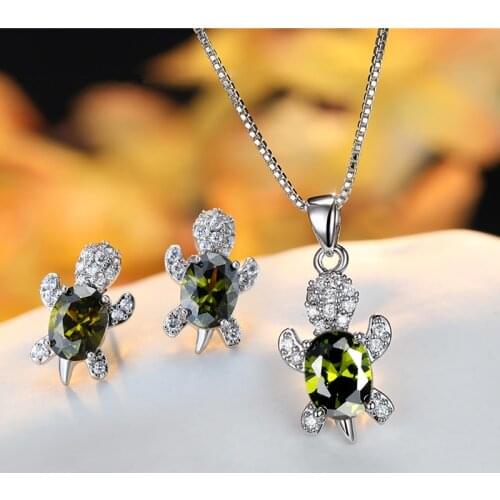 Female Cute Small Turtle Necklace Earrings Olive Green Crystal Zircon Jewelry Sets For Women Luxury Wedding Bride Engagement Set