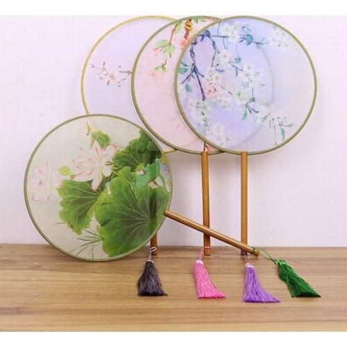 Women Dancing Embroidery Flower Handheld Fan Vintage Translucent Chinese Style Round Silk Fans