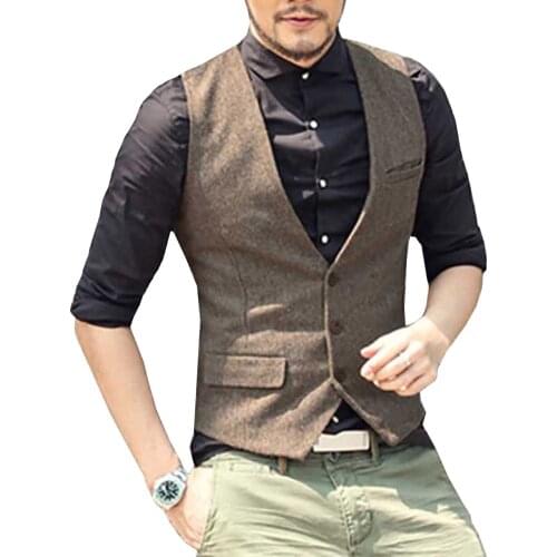 Suit Men Vest V Neck Wool Brown Grey Formal Single-breasted Waistcoat Casual Business Groomman For Wedding Vest