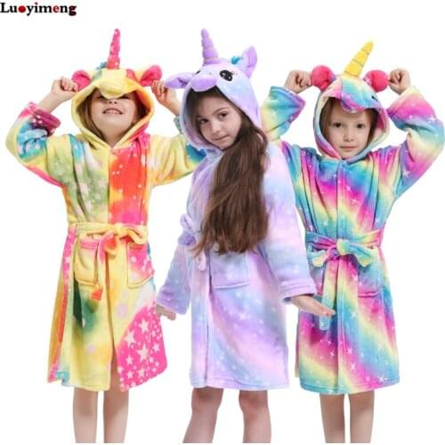 Winter Unicorn Bathrobe For Girls Boys Sleepwear Pajamas Childrens Home Suit Cute Flannel Warm Nightgown Kids Beach Towels Robe