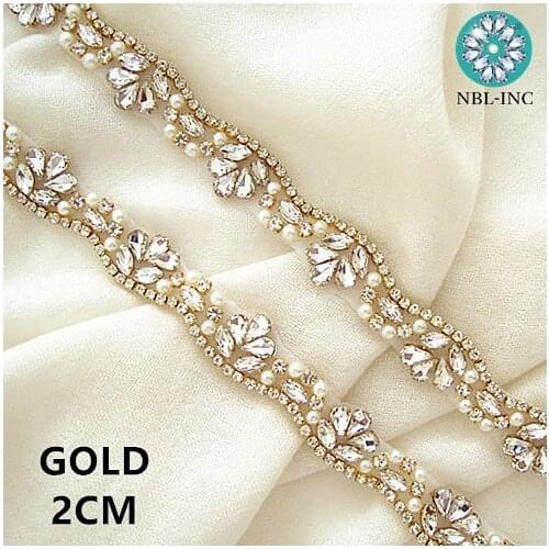 1 YARD)Bridal sewing gold beaded crystal rhinestone applique trim iron on for wedding dresses garment WDD0405-G