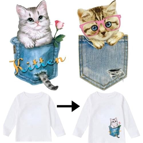 2pcs/pack Cute Cat Patch Washable Heat Transfer Sticker A-level Washable Iron On Appliques For T-shirt Dresses Decoration