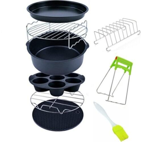 CHYIR 9pcs/set High Quality 8Inch Air Fryer Accessories Cake Basket Mold Pizza Pan Grill Steam Rack Fit all Airfryer 3.2~5.8QT