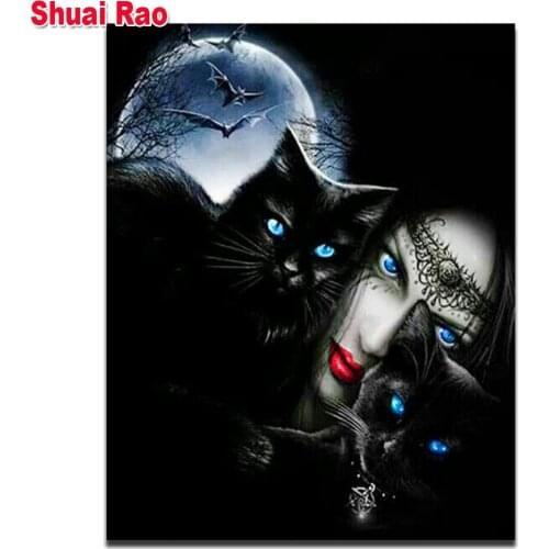 DIY diamond painting cross stitch Black cat and woman diamond full mosaic diamond embroidery full square round drill handmade