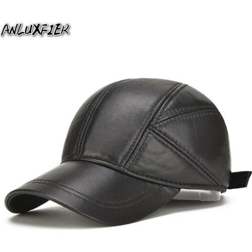 B-7125 Male Natural Skin Leather Hat Cowhide Baseball Cap Adjustable Ear Protection Warm Sheepskin Hat Adjustable Size