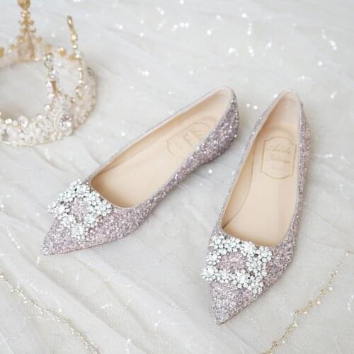 Glitter shine crystal wedding shoes woman metal buckle pointy toe shallow flats slip on flash femme loafers comfy girl moccasins