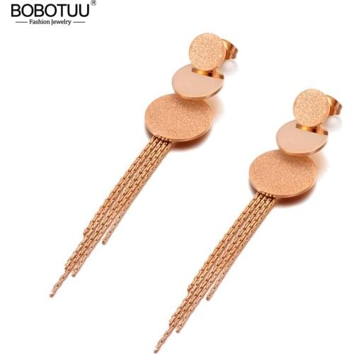 BOBOTUU Bohemia Geometric Frosted Wafer Tassel Earrings Stainless Steel Trendy CZ Crystal Earrings Jewelry For Women BE20114