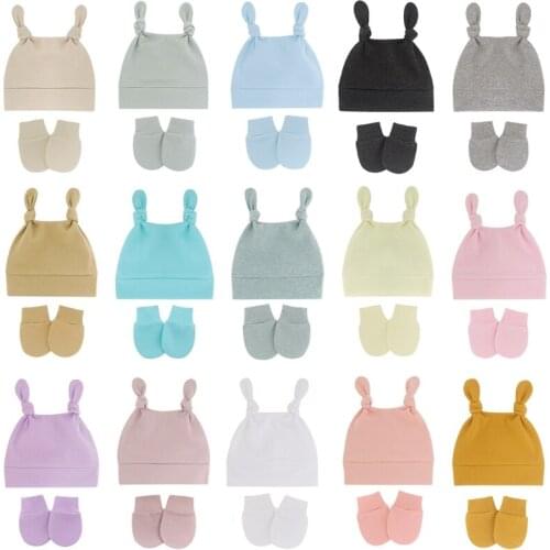 Baby Cute Top Knot Rabbit Ears Beanies Hospital Hat and Mittens Set Newborn Infant Solid Color Stretchy Warm Cap Anti Scratching