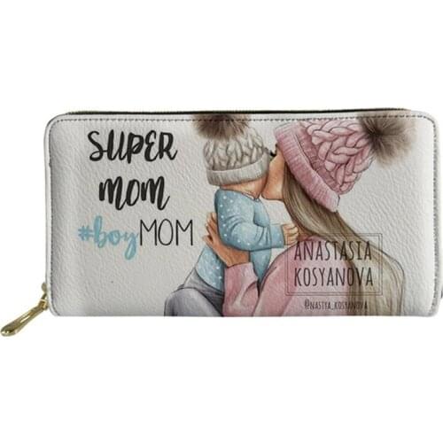 INJERSDESIGNS Super Mom&Baby Printing Leather Wallet Trendy Fashion Female Ladies Credit Card Holder Purse Money Bags for Women