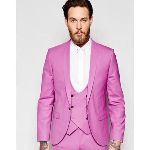 Fantastic One Button Fuchsia Groom Tuxedos Groomsmen Shawl Lapel Mens Suits Blazers (Jacket+Pants+Vest+Tie) W:1181