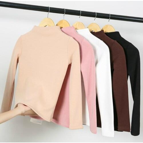 Women Autumn Winter T Shirt Warm Thick Velvet T-Shirts Tees Female Basic Long Sleeve Bottoming Shirt Underwear Tops White Black