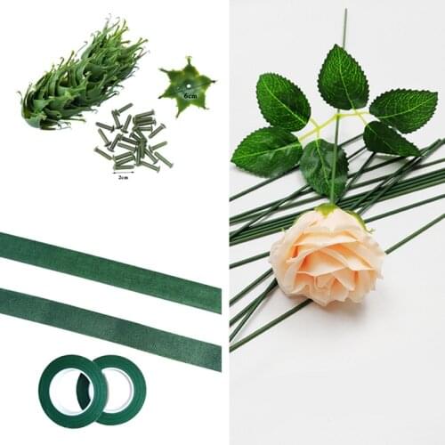 Artificial Flower Stem Iron Wire Stem DIY Paper Flower Stub Accessory Green Floral Tape Rose Stems Craft Decor Artificial Leafs
