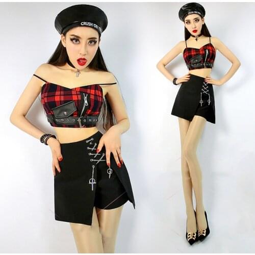 Nightclub Bar Rave Party Hip Hop Costumes Women Ds Stage Sexy Jazz Show Outfit DJ Red Plaid Strap Wrap Chest Top Suit DNV13090