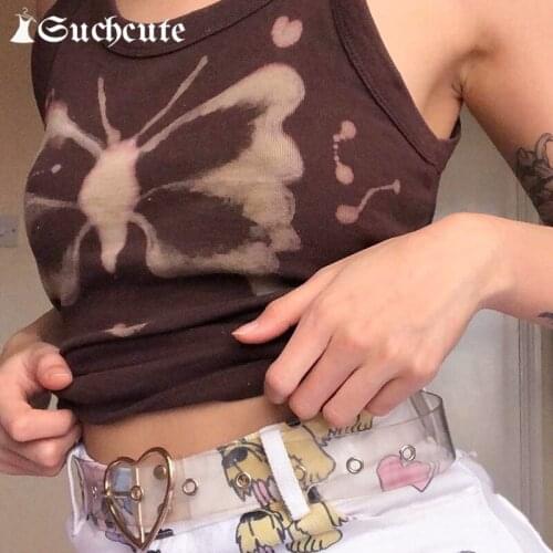 SUCHCUTE Butterfly Print Vintage Brown Crop Tops For Women Summer Sleeveless Slim Outfits Casual Basic Tank Tops Harajuku Gothic