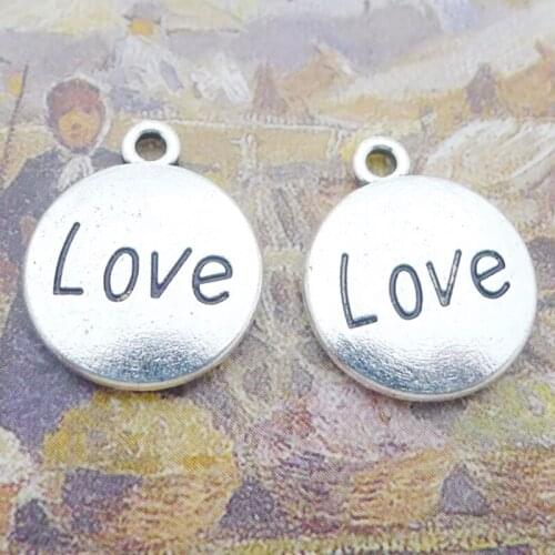 Fashion Alloy Letter Charms Antique Silver Color Round LOVE Charms 20pcs 15*18mm AAC992