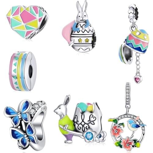 Real 925 Sterling Silver Easter Rabbit Eggs Colorful Heart Enamel Charm Original for DIY Jewelry Girls Kids gift SCC175--56