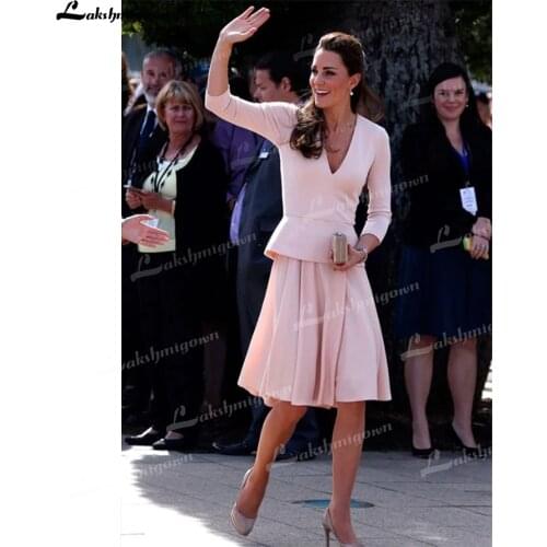 Simple Mother of the Bride Dress Gowns Long Sleeves V-Neck Wedding Evening Party vestido de madrinha farsali kate middleton