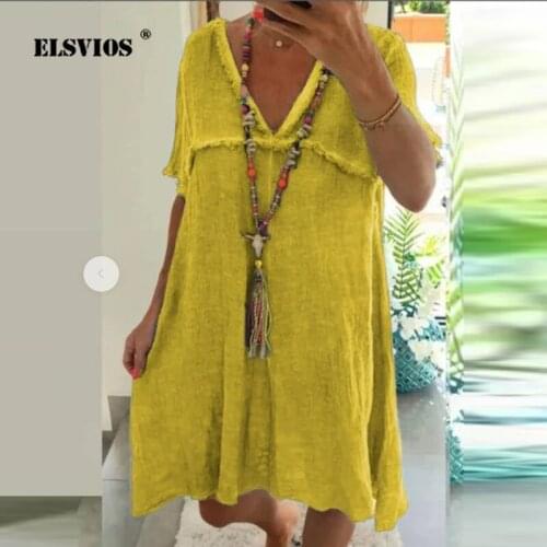 Elegant Lady Casual Fashion V-neck Dress Europe And America Summer Sexy Beach Short Sleeve Loose Print Comfortable Cotton Dress