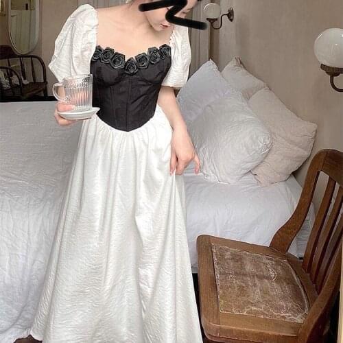 Puff sleeve square neck dress female summer black and white stitching contrast mid-length dress V-Neck Cotton A-Line