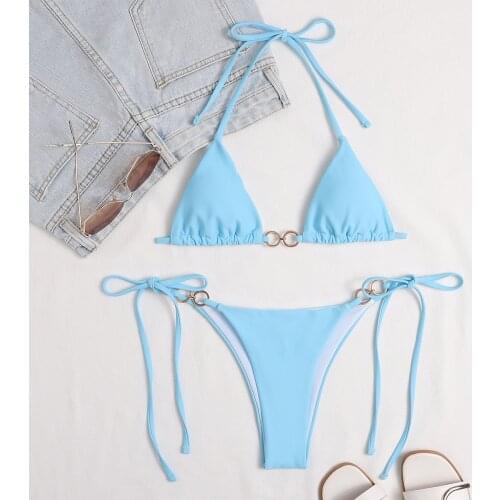 Sexy Halter Bikini Micro Swimming Ring 2021 Bandage Swimsuit Women Swimwear Backless Solid Bikini Bathers Brazilian Beachwear