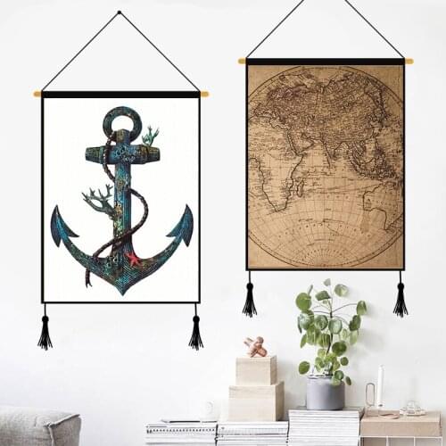 Mediterranean Worldmap Canvas Paintings Boat Hanging Wall Art Ship Anchor Nautical Pictures for Living Room Home Decoration