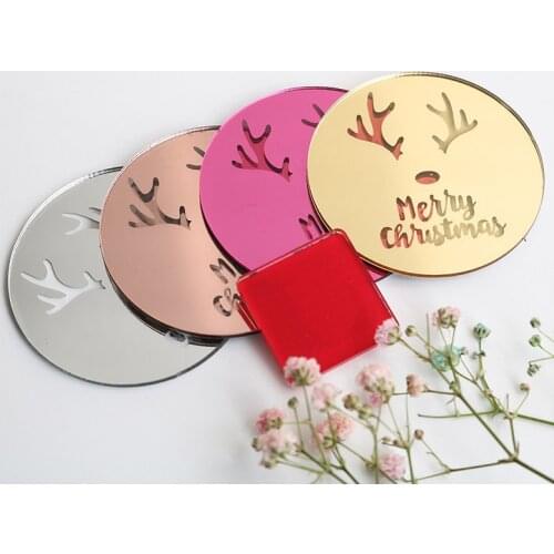 10pcs Acrylic Happy New Year Cupcake Topper Deer Elk Antler Gold Circle Cake Topper for Christmas Party Cake Decorations Tools