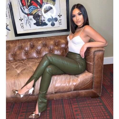 Skinny Mid Waist Faux PU Leather Pencil Pants Side Slit Women Fall 2021 Fashion Clothing Long Bodycon Trousers Clubwear