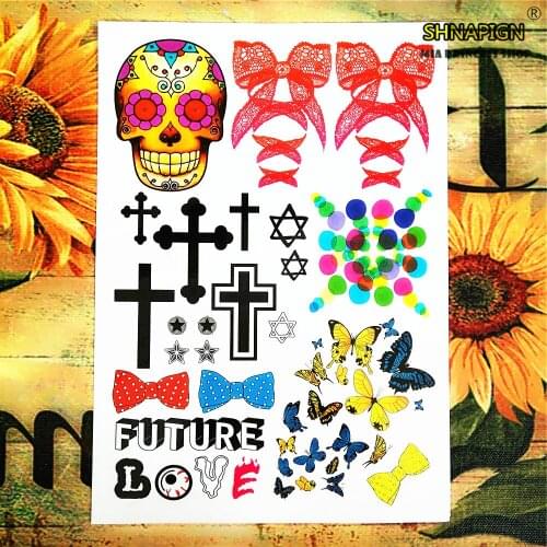 SHNAPIGN Cartoon Skull Cross Temporary Tattoo Body Art, 12*20cm Flash Tattoo Stickers, Waterproof Fake Tatoo Henna Wall Sticker