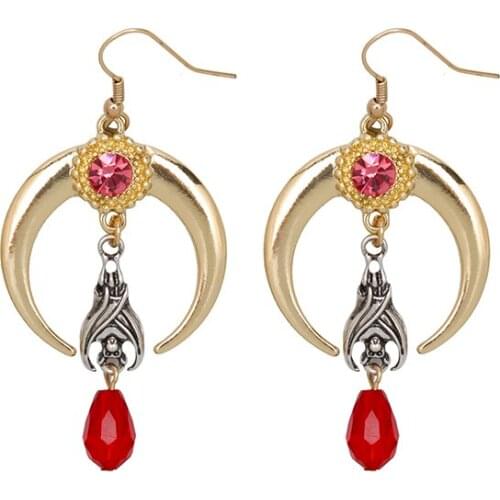 Halloween Jewelry Half Moon Hanging Bat Drop Earrings for Women Girl Cyrstal Dangle Earring Gift
