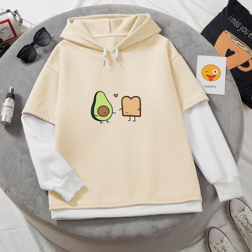 Fake Two Pieces Kawaii Avocado and Toast Hoodie Harajuku Women Sweatshirt Patchwork Thermal Color Block Female Long Sleeve Tops