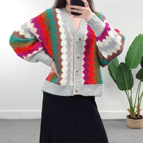 Contast Color Rhombus Jacquard Knitted Cardigan Women 2021 Autumn Winter Thick Warm Plus Size Cardigan Sweater Korean Knit Coat