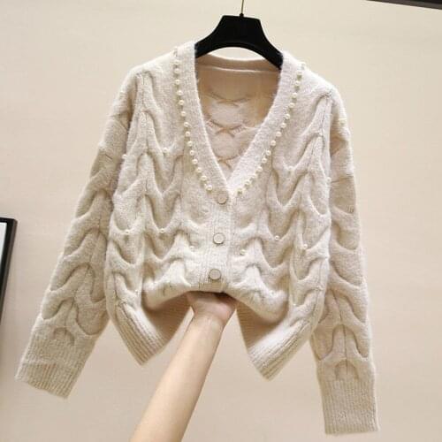Beaded V-Neck Knitted Cardigan Womens 2021 Spring And Autumn New Fashion All-Match Short Knitted Outer Wear Blouse