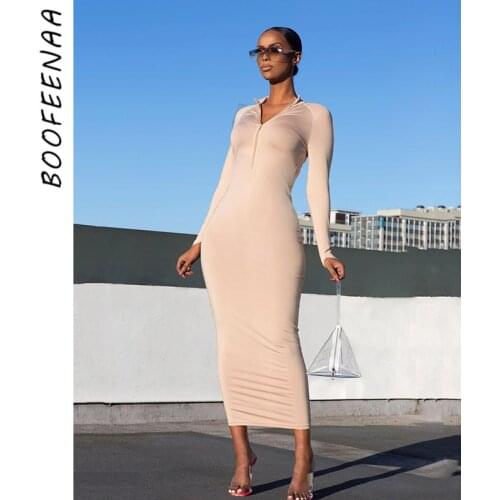 BOOFEENAA Zipper V Neck Long Sleeve Maxi Dresses for Women 2020 Autumn Winter Fashion Sexy Woman Bodycon Dress C92-CE28
