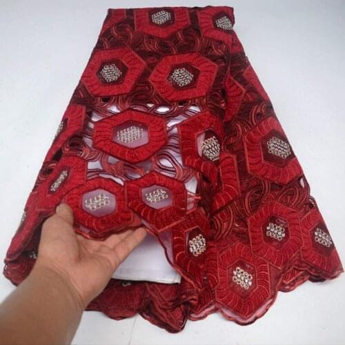 2019 Latest Red Nigerian Organza Lace Fabrics High Quality African Rhinestones Laces Fabric French Tulle Lace Material XS004