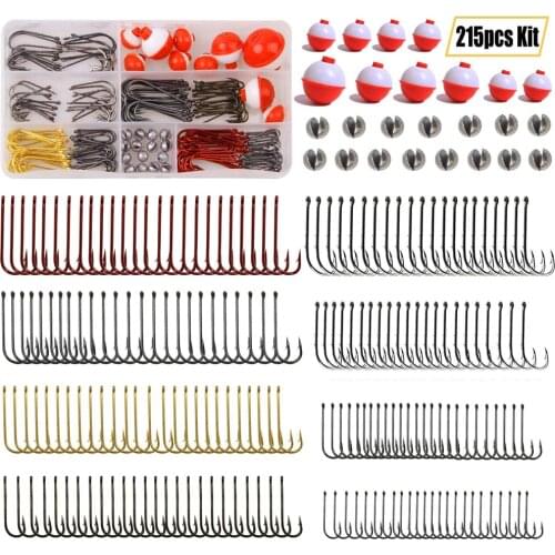 215Pcs/Box Fishing Tackle Kit Including Baitholder Fishing Hooks Aberdeen Hooks Removable Split Shot Sinkers And Fishing Bobbers