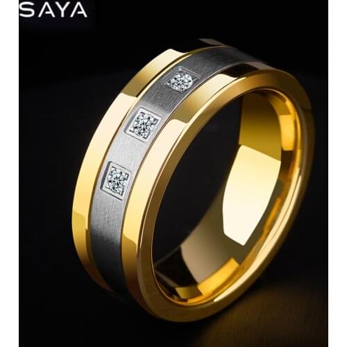 8mm Tungsten Rings for Men Gold Plating Wedding Bands 3 CZ Stone Marriage, Free Shipping, Customized