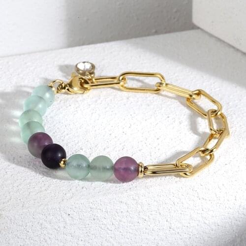 Lucky Bracelet for Women Girl Frosted Fluorite Beads Rolo Box Stainless Steel Chain Birthstone Charm 8inch Adjustable DDB295