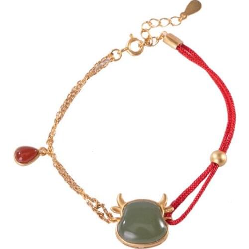 S925 sterling silver gold plated Day gray jade Bracelet Cute cow Chinese zodiac cow Birth year Red Rope Ladies Carrying strap