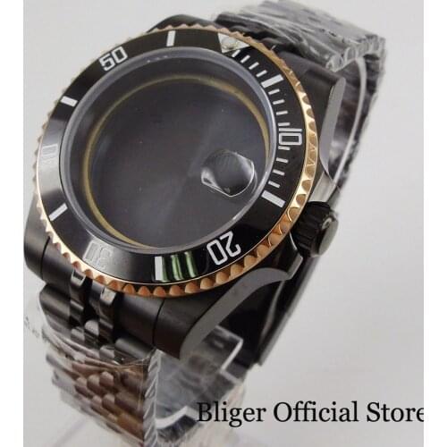 BLIGER Black PVD Plated 40mm Watch Case + Jubilee Band Rotating Bezel Sapphire Glass Rose Gold Bezel