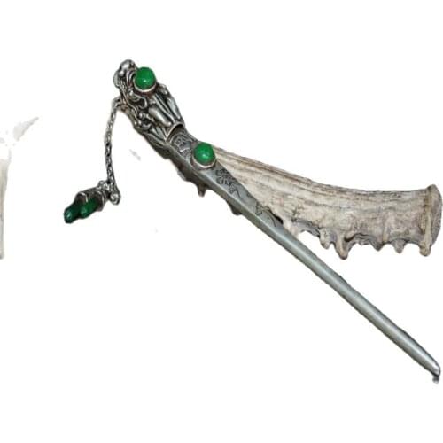 China old Tibetan silver inlaid green jade dragon head hairpin