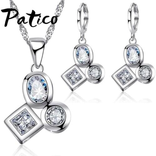 New Arrival AAA Clear CZ Geometric Design 925 Sterling Silver Jewelry Sets for Women Wedding Earrings and Necklace