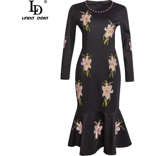 LD LINDA DELLA 2021 Fashion Runway Autumn Party Mermaid Dress Women Long Sleeve Flower Embroidery Vintage Black Midi Dress