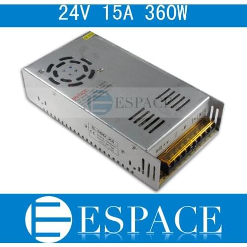 Best quality 24V 15A 360W Switching Power Supply Driver for LED Strip AC 100-240V Input to DC 24V free shipping