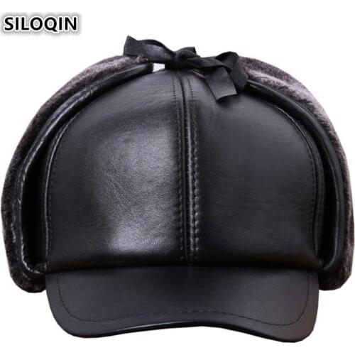 SILOQIN Mens Genuine Leather Hat Winter Warm Bomber Hats Plus velvet Sheepskin Earmuffs Winter Cap For Men Sombrero De Cuero
