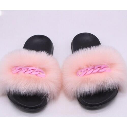 2021 New Real Fox Fur Raccoon Fur Summer Slippers Ladies Cute Fluffy Pink Chain Decoration Multi-Color Furry Flat Sandals TX32