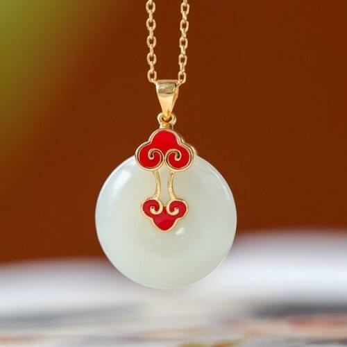National Fashion Ethnic Style Hetian Jade Safety Buckle Pendant Happy Red Enamel Sterling Silver S925 Ruyi Necklace Vintage