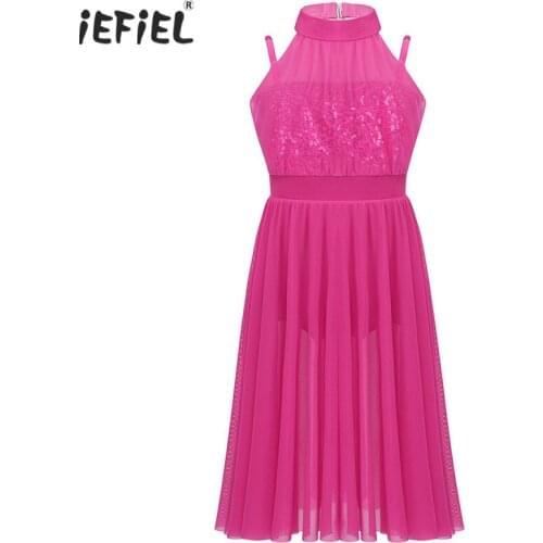 Kids Girls Ballet Ballroom Princess Dress Dancewear Sleeveless Mock Neck Sequined Leotard Tulle Dress Lyrical Modern Dance Dress