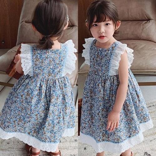 Girls Flowers Princess Dresses 2021 New Summer Kids Cotton Floral Sleeveless Vestidos Korean Children Lace Party Costumes 3-7Y