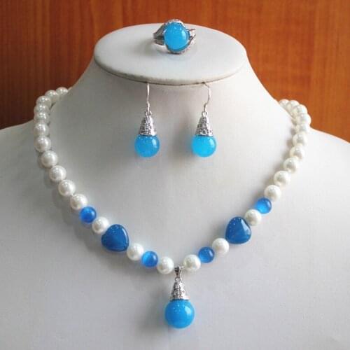 Birthday gift! jewelry set!Wholesale noble Womens mixed white and blue pearl/Natural jade Necklace earring ring(7/8/9) set #218