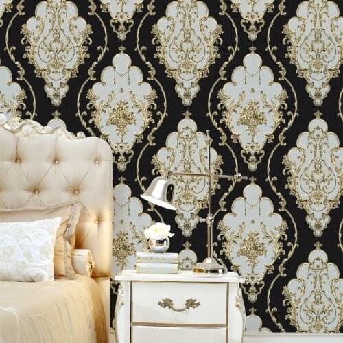 Luxury 3D Black Wallpaper Roll Damask European Floral Wallpaper Embossing Living Room Hotel Loft Wall Decor Gold Hot Stamping
